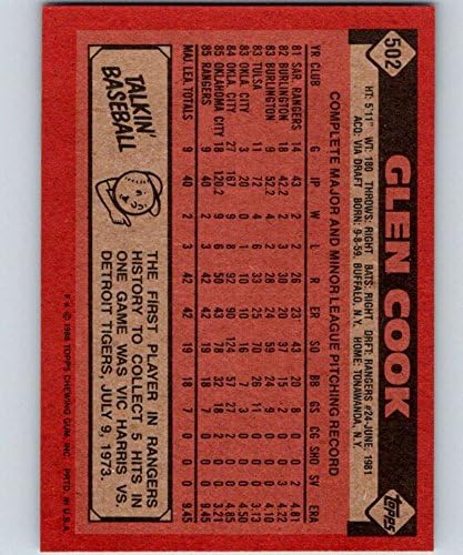1986 Бејзбол Топс 502 Глен Кук РЦ РЦ РЕЦИЈА Тексас Ренџерс Официјална картичка за трговија со МЛБ