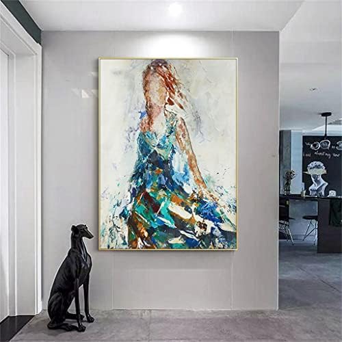 Yfqhdd Арт Апстракт Девојче масло сликарство сина и сива сликарство постер апстрактна wallидна уметност дома декор