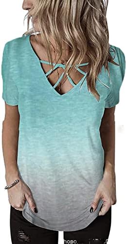 ДОПОКК кошули за жени ретро врвен краток ракав плус големина излегувајќи летен градиент боја лабава вклопена крцкава блуза