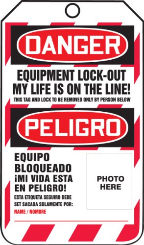 Accuform Signs TSP107PTP Шпанска двојазична ознака за заклучување, легенда „Опрема за опасна опрема за заклучување на мојот живот е на линија!