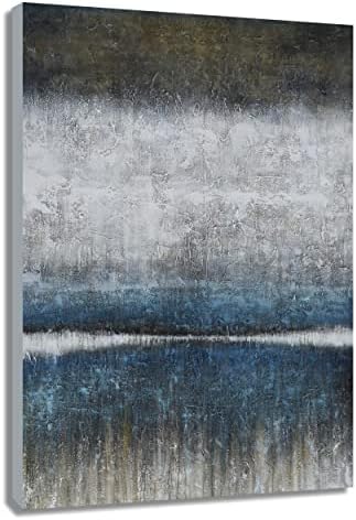 Батренди уметност Апстрактна езеро и шумски wallид уметност сино бело и темно кафеаво платно масло сликање рачно насликана природа сенарија слика