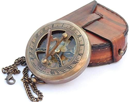 Рачно изработен наутички месинг Сандијал Компас со кожен случај и ланец антички компас навигациски компас Наутички подарок за патници за