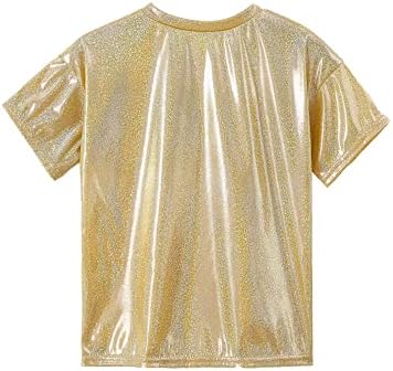 Квисински девојчиња момчиња сјајна метална маица со кратки ракави со модерен танц џез хип хоп врвен перформанс врвен костум за блуза
