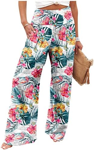 Панталони од iaqnaocc за жени, обични високи половини широки нозе плажа панталони со џебови