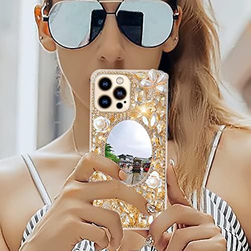 Кавдициди Дизајнер за Iphone 13 Pro Max Огледало Случај Со Блинг Скапоцен Камен, 3d Сјајот Искра Дијамант Телефон Случај,Луксузни