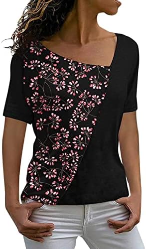 Женски летни врвови модни обични туники врвни лабави лабави блуза со краток ракав Неправилен V вратот од цветните кошули за печатење на цветници