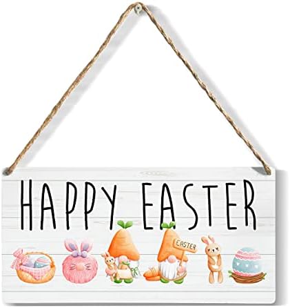 Смешно среќен велигденско дрво знак рустикален зајак гноми Велигденско јајце дрвена висечка плакета за домашна дневна соба