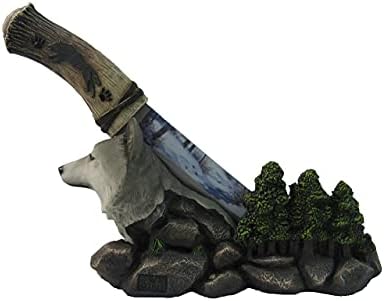 DWK - Волк дух сечило - рустикален волк снежен планински шума сцена не'рѓосувачки челик приказ нож со декоративен држач за фигура диви