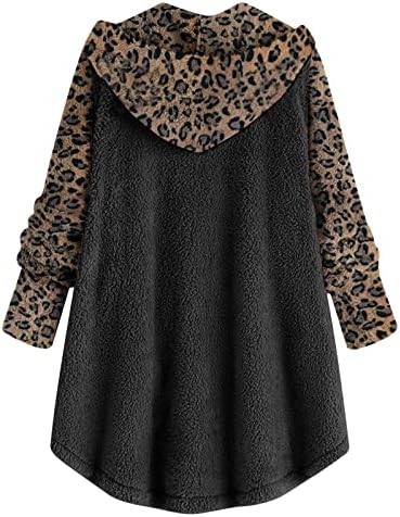 Женско руно нејасно качулка цврсто палто леопард крпеница со џебно јакна копче Dowm топла преголема зимска надворешна облека