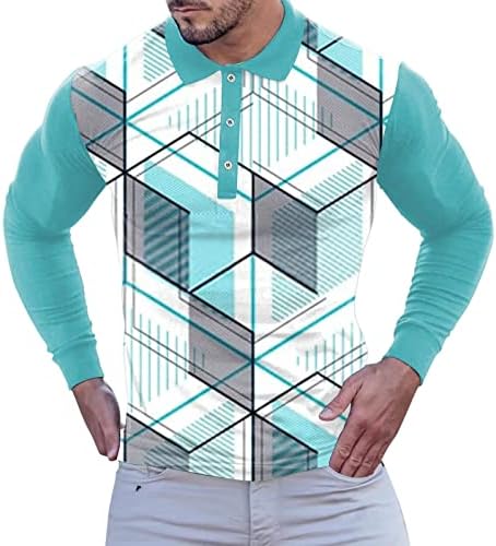 Поло кошули ZDDO за мажи, есенски долг ракав смешно вртоглаво графичко копче за печатење на вратот мускул тенок фит тениски спортски