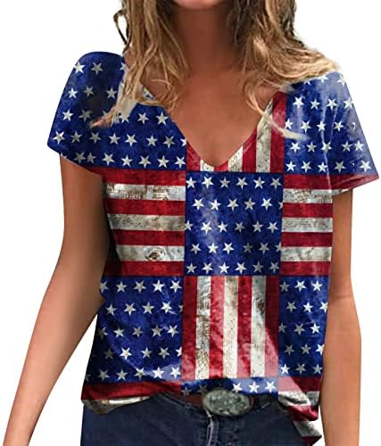 Oclun женски летни кошули секси краток ракав 4 -ти јули патриотски принт v вратот модна основна кошула на блуза, обична маица