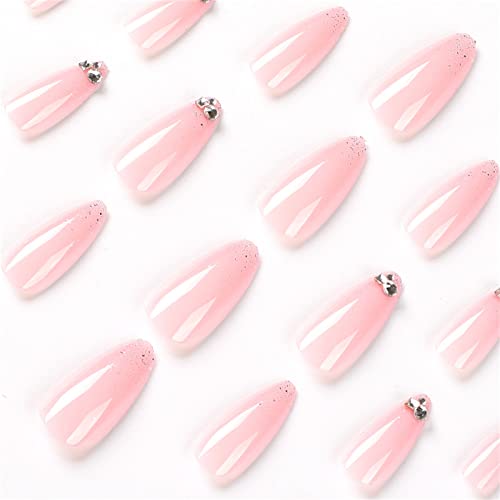 24 парчиња француски Кристали Розови Лажни Нокти Целосна Покривка Бадем Кратко Притискање На Ноктите Со Лепак За Жени И Девојки Нокти Уметност
