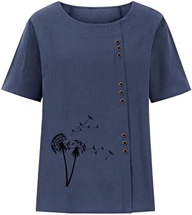 Памучни постелнини врвови жени плус големина туника, кратки ракави глуварчиња графички маици, облечени екипаж, гроздобер кошули на блуза
