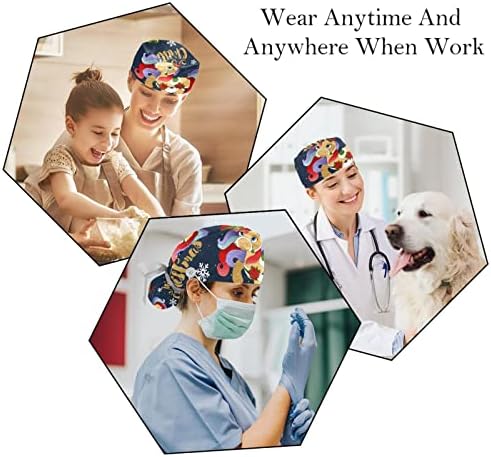 2 парчиња медицинска сестра за чистење капаци жени долга коса, Среќни Божиќни кучиња прилагодливо работно капаче со копче и џемпери