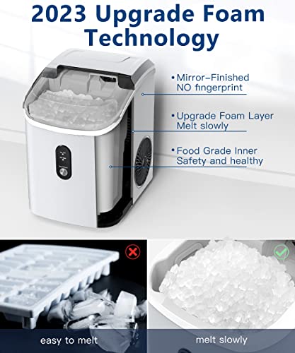 Kndko Nugget Ice Maker со џвакан ​​мраз, високо правење мраз од 33 bs/ден/10,000 pcs, само-чистење, дизајн со еден клик, преносен производител на мраз Nugget за домашна партија, сива