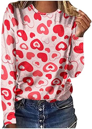Денот на в Valentубените блуза за жени Симпатична loveубовна срцева печатење Туника Врвна есен случајна кошула со екипаж со долги ракави што излегуваат врвови