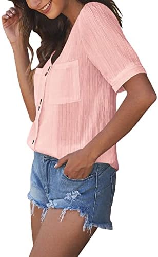 Zdfer Women'sенски летен кратка ракав за ракав v врат копче надолу кошули Обични цврсти бои блузи врвови кардигани со џебови