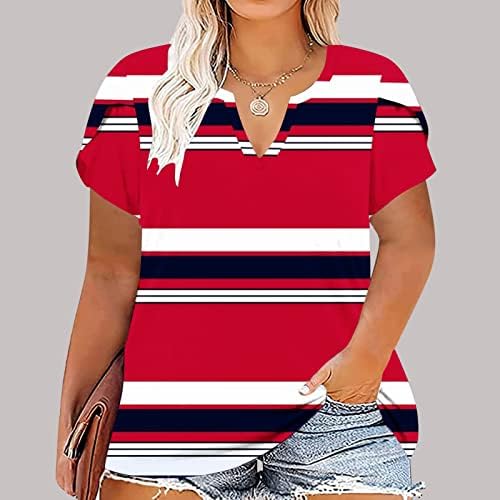 Плус големина на врвови за жени 2023 шарена печатена маица лето V вратот маица Блок блок со кратки ракави блузи Туники