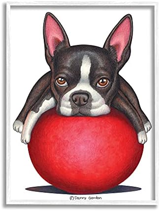 Ступел Индустрии Бостон Териер Голема Црвена Топка Миленичиња Куче Илустрација, Дизајн Од Дени Гордан Вајт Врамени Ѕид Уметност, 24 х 30