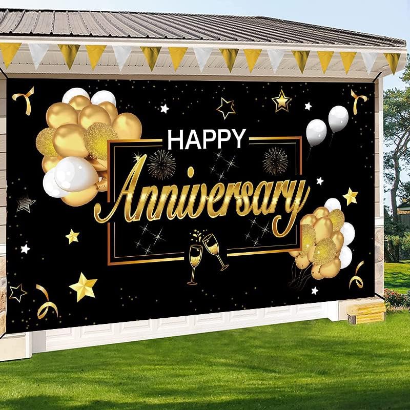 Среќна Годишнина Банер Позадина Партија Украси, Голем Среќен Свадба Годишнината Постер Знак Партија Материјали, Црно Злато
