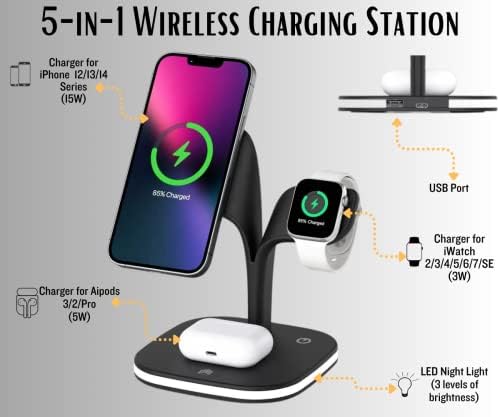 5 во 1 станица за полнење безжични безжични, побрз безжичен полнач за полнач закза за iPhone, iWatch, AirPods со USB порти и ноќно