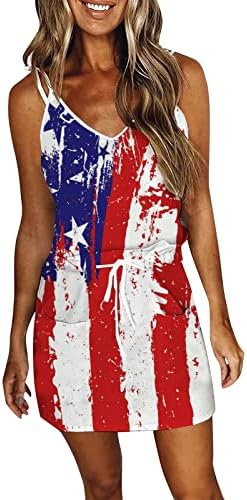 HCJKDU Sundress за жени шпагети ленти без ракави V вратот Ден на независност на вратот Денот на САД знаме мини фустан обични