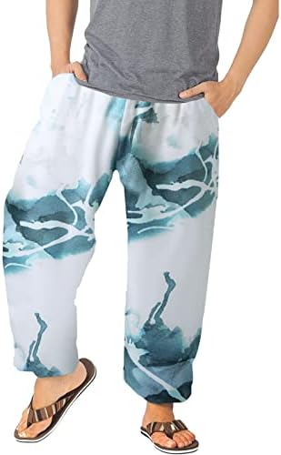 Машки обични панталони со џебови лето лабаво вклопени бохо широки панталони за нозе мермер печатење влечење на половината со широки нозе со