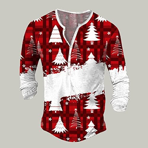WOCACHI Christmas Henley Burtics for Mens грда Божиќ ирваси од снегулка за печатење со долг ракав V вратот копче надолу по хипи кошула