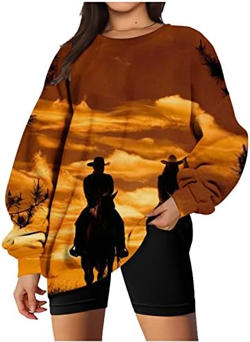 Oplxuo жени коњи креативни 3Д печатени џемпери врвни новини за западен каубојски графички пуловер со долг ракав гроздобер ти блуза
