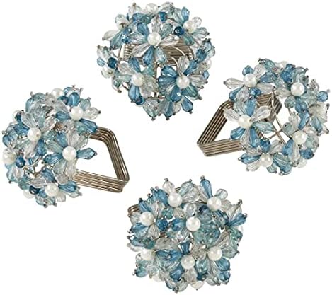 Фенко стилови рачно брада цветно дизајнирање Декоративни прстени од салфетка, сет од 4 - Аква стаклени мониста држачи за салфетки за дома,