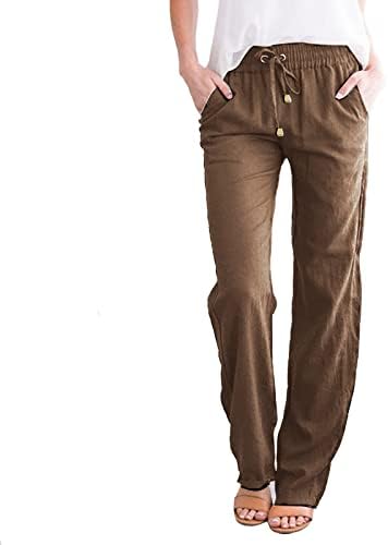 Ленс панталони за жени со висока половината лабава вклопување S-3XL влечење широка нога со џебови директно цврсти лесни панталони