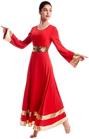 Womenените метални пофалби танцувачки фустан bellвонче со долг ракав со целосна должина литургиска туника здолниште+секвенци за богослужба