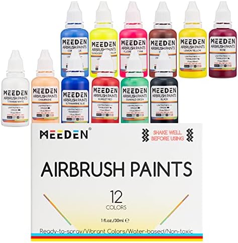 Комплет за боја на воздушна четка Meeden, 12 бои/30мл акрилни воздушни четкички, поставени, подготвени за прскање, 2 неонски бои, нетоксичен