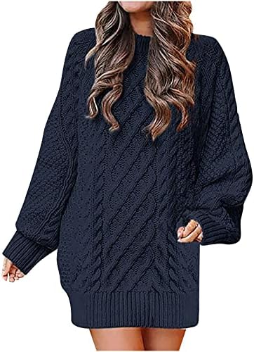 Oplxuo Women'sенски кабел плетен џемпер облечен обичен лабав екипаж со долг ракав преголем бучен пуловер краток џемпер фустани
