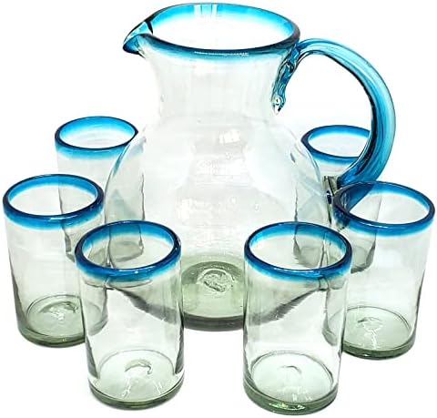 MexHandcraft Aqua Blue Rim 120 oz Стомна и 6 чаши за Пиење во собата, Рециклирано Стакло, Без Олово, Без Токсини