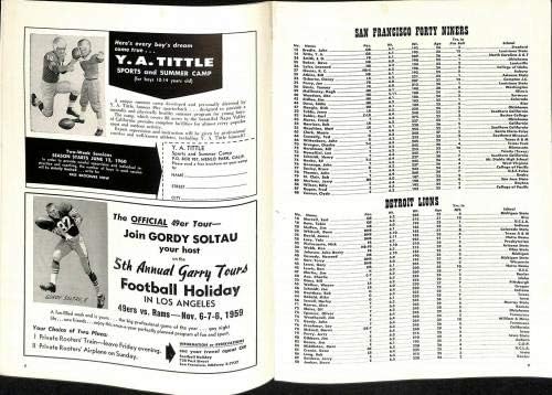 1959 Детроит Лавови против Сан Франциско 49ерс Програма 11/1 стадион Кезар Екс/МТ 66468 - НФЛ Програми