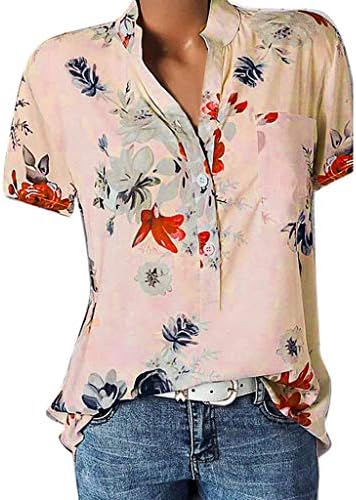 Летни кошули за жени со краток ракав лабав вклопување S-5XL цветно трендовски случајно копче надолу v врвови на вратот Tees Tees