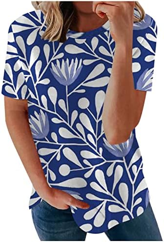 Пролетните врвови за жени 2023 Боемјан Пајсли Флорални летни блузи кратки ракави со екипаж на екипажот, обична хавајска кошула