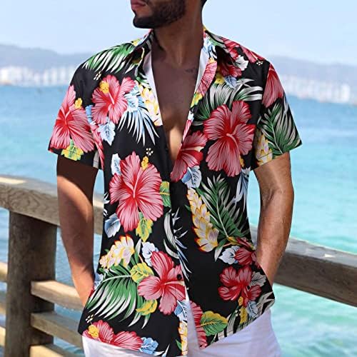 HDDK машки хавајски кошули, лето кратко ракав Тропски цветно копче за печатење надолу опуштено вклопување лапел плажа Алоха кошула