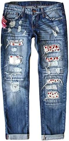 МИАШУИ Панталони За Плус Големина Жени Женски Тексас Панталони Исправена Нога Искинати Печатење Панталони Со Среден Пораст Фармерки