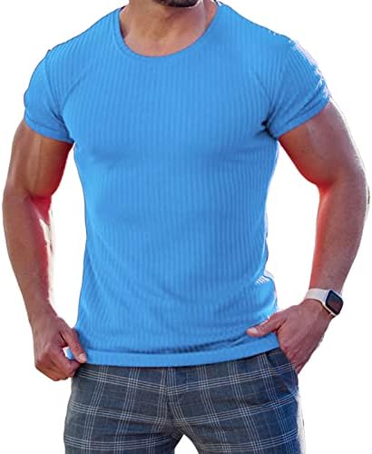 Мажјак маички маички маички фитнес тенок вграден долг класичен тркалезен врат плетен краток ракав