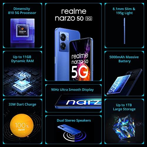 Realme Narzo 50 5G RMX3571 Dual -SIM 128 GB ROM + 6 GB RAM Factory Отклучен 5G паметен телефон - Меѓународна верзија