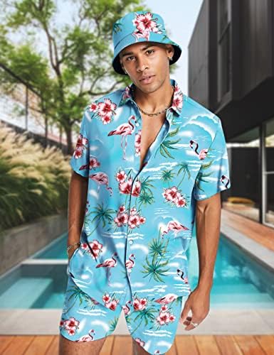 Babioboa Mens Хавајски кошули поставува 2 парчиња копче надолу по облеката на плажа Тропска облека за печатење со алоха со капа за корпи