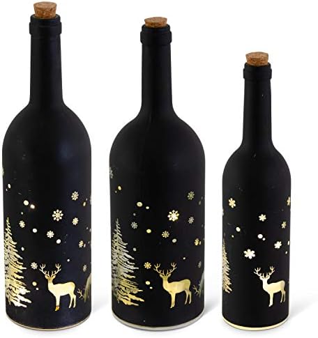 K&K Enteriors 54518B-BK, сет од 3 мат црни стаклени шишиња со елени и дрвја (големини на одделение