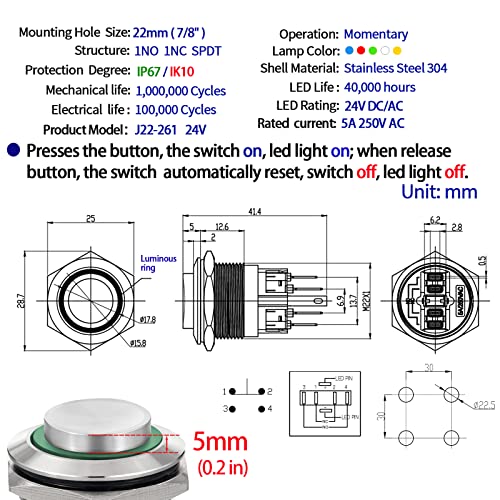 Прекинувач за копче за притискање од 22мм Моментно заклучување со висока рунда водоотпорен IP67 на не'рѓосувачки челик 304 со 12V,