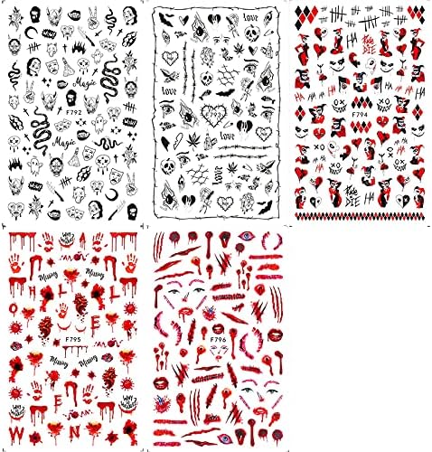 5 чаршафи налепници за уметност во крвта за нокти на крвта, 3Д само лепило пајак змија череп кловн Крвав дизајн на нокти за акрилни