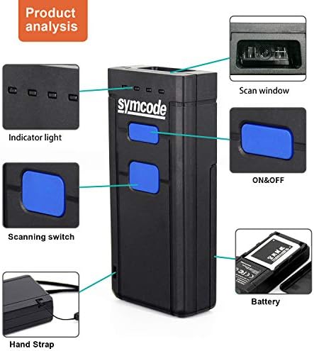 Symcode 2D QR Bluetooth бар -код скенер, 1D 2D мини безжичен рачен рачен рачен CMOS BarCode Scanner Reader со Bluetooth 4.0 & 2.4G безжична врска, преносен читач на баркод компатибилен за QR PDF417 DAT