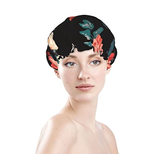 Womenените што можат да се користат затегнати полите, капаче за коса роза, тропски цветни двојни слоеви, водоотпорна капа за бања за туширање