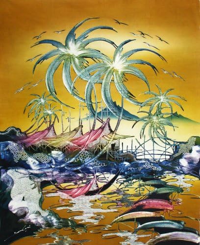 Оригинално сликарство со батик уметност на памучна ткаенина, „Рибарско село“ од effефри