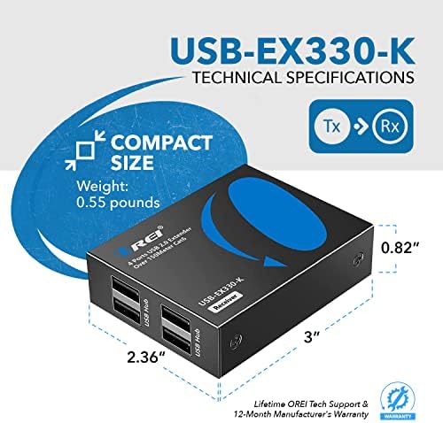 OREI USB над CAT5E/6 Extender до 330 стапки - го проширува USB 2.0 сигналот над LAN Ethernet со 2 порти - напојување над кабелот за продолжување